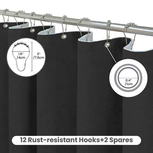 Faux Linen Wrinkleless Shower Curtain Set with Liner (Black)