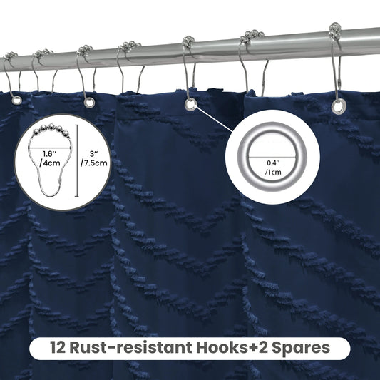 Tufted Textured Chevron Striped Tassel Shower Curtain (Navy Blue)