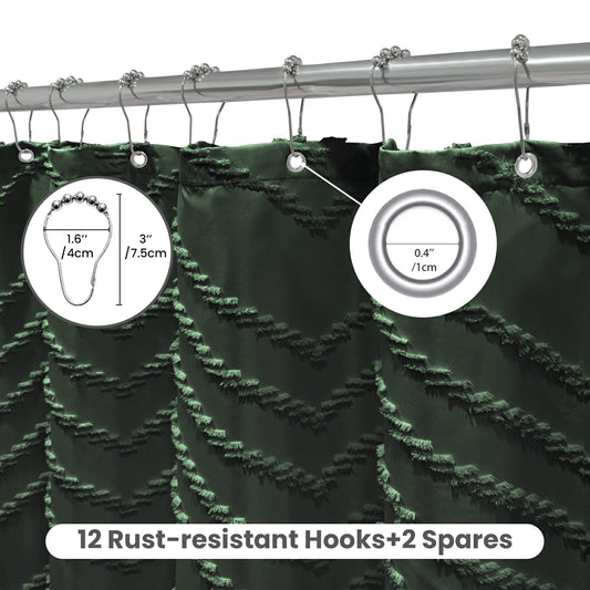 Tufted Textured Chevron Striped Tassel Shower Curtain (Dark Green)