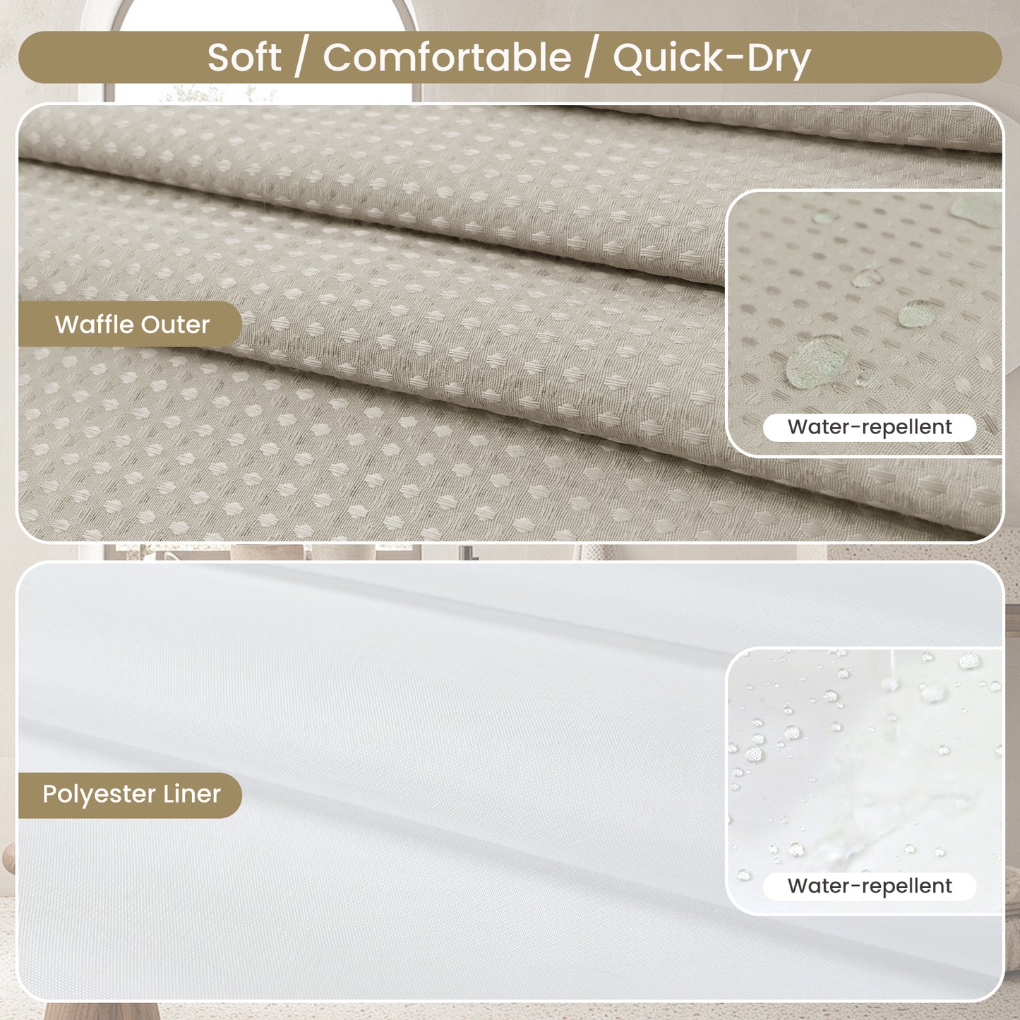 Clean Slate Series No Hook Shower Curtain (Khaki)