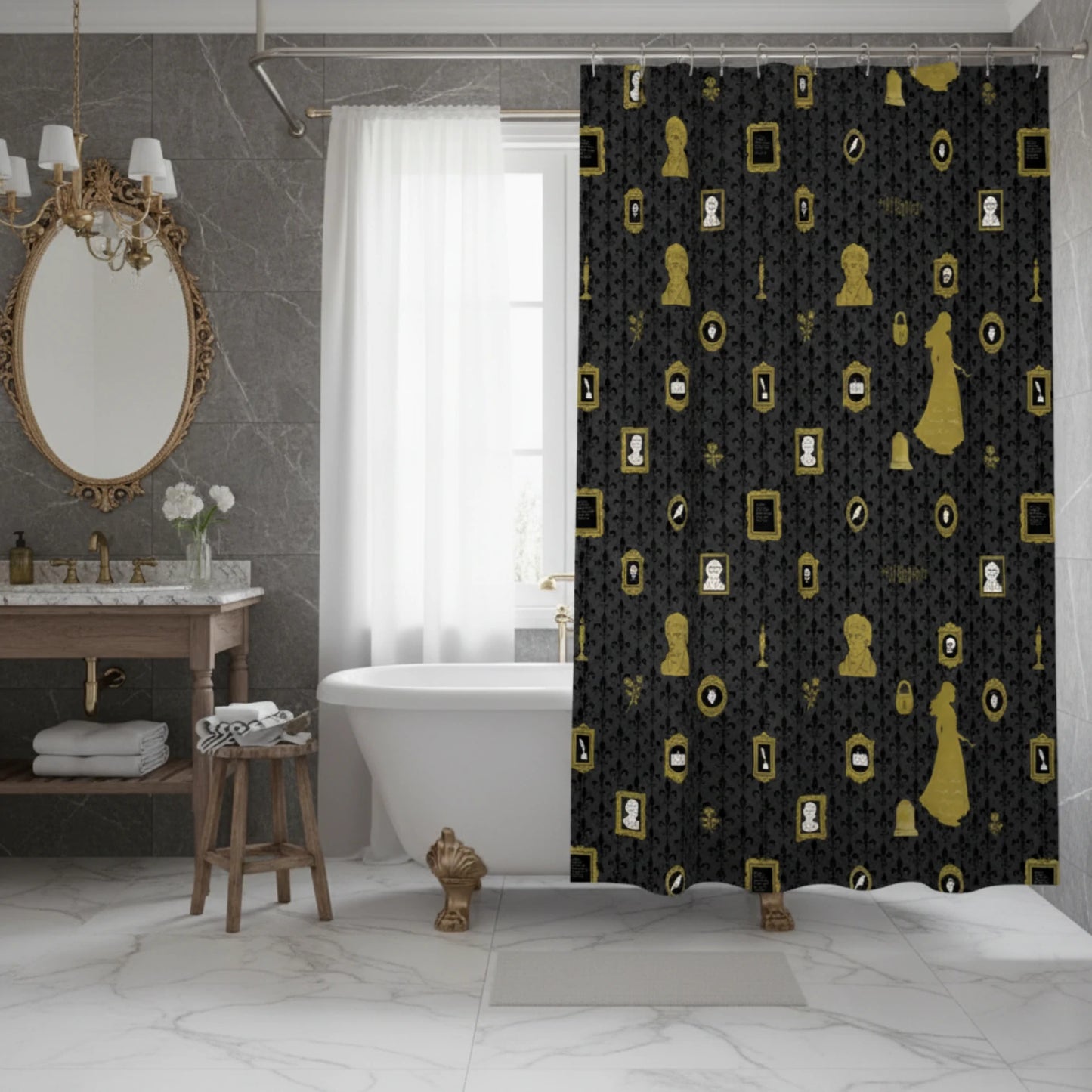 “The Tapestry of Torment" Wuthering Height Series Shower Curtain Set with Gold Fleur-de-Lis
