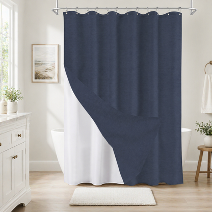 Faux Linen Wrinkleless Shower Curtain Set with Liner (Navy Blue)
