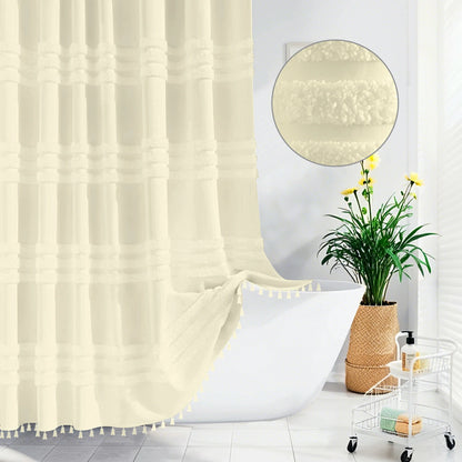 Boho Tufted Textured Striped Tassel Shower Curtain