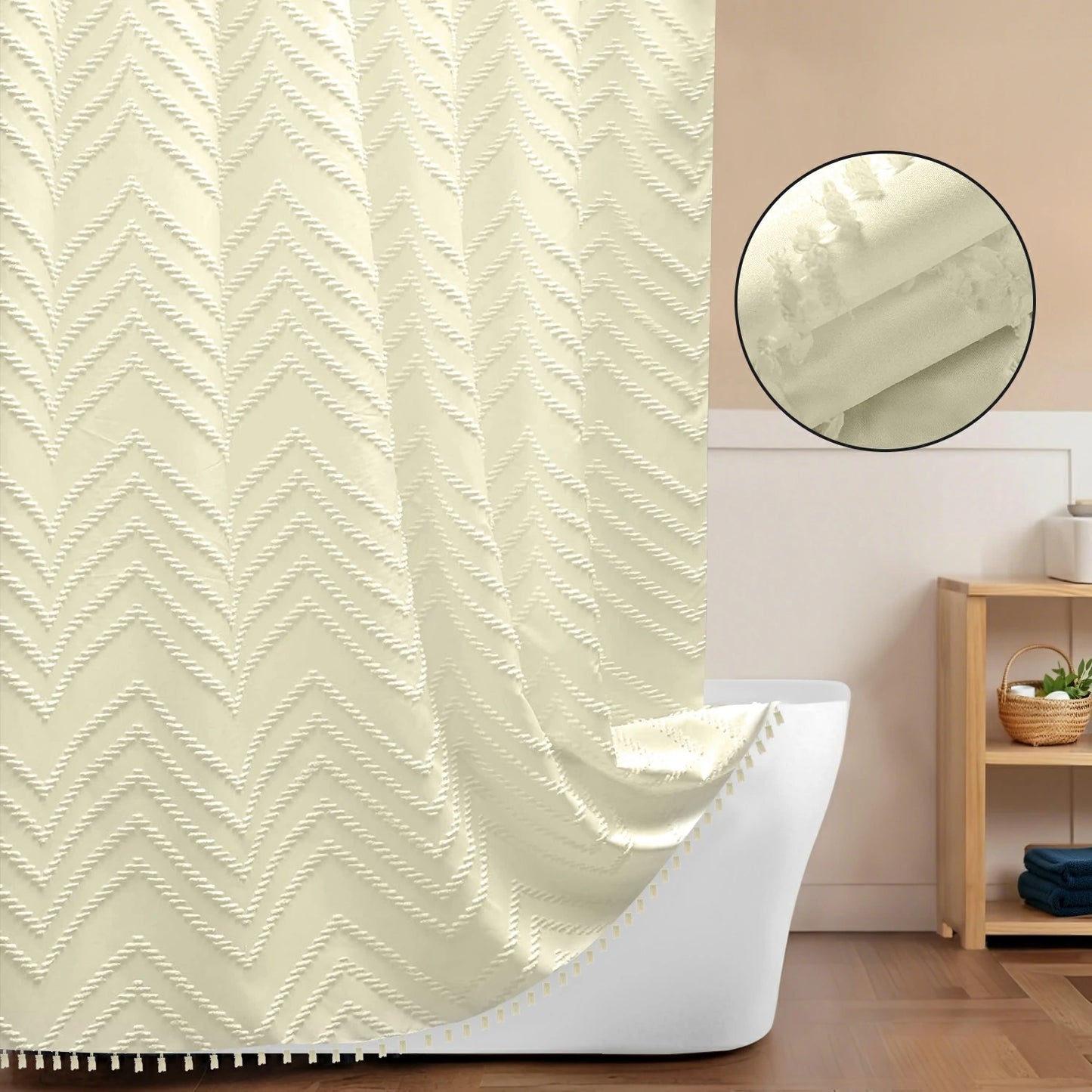 Tufted Textured Chevron Striped Tassel Shower Curtain (Ivory)