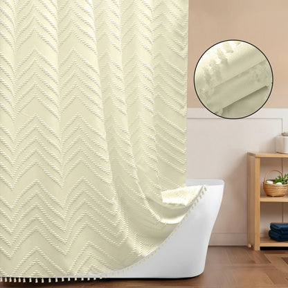 Tufted Textured Chevron Striped Tassel Shower Curtain (Ivory)