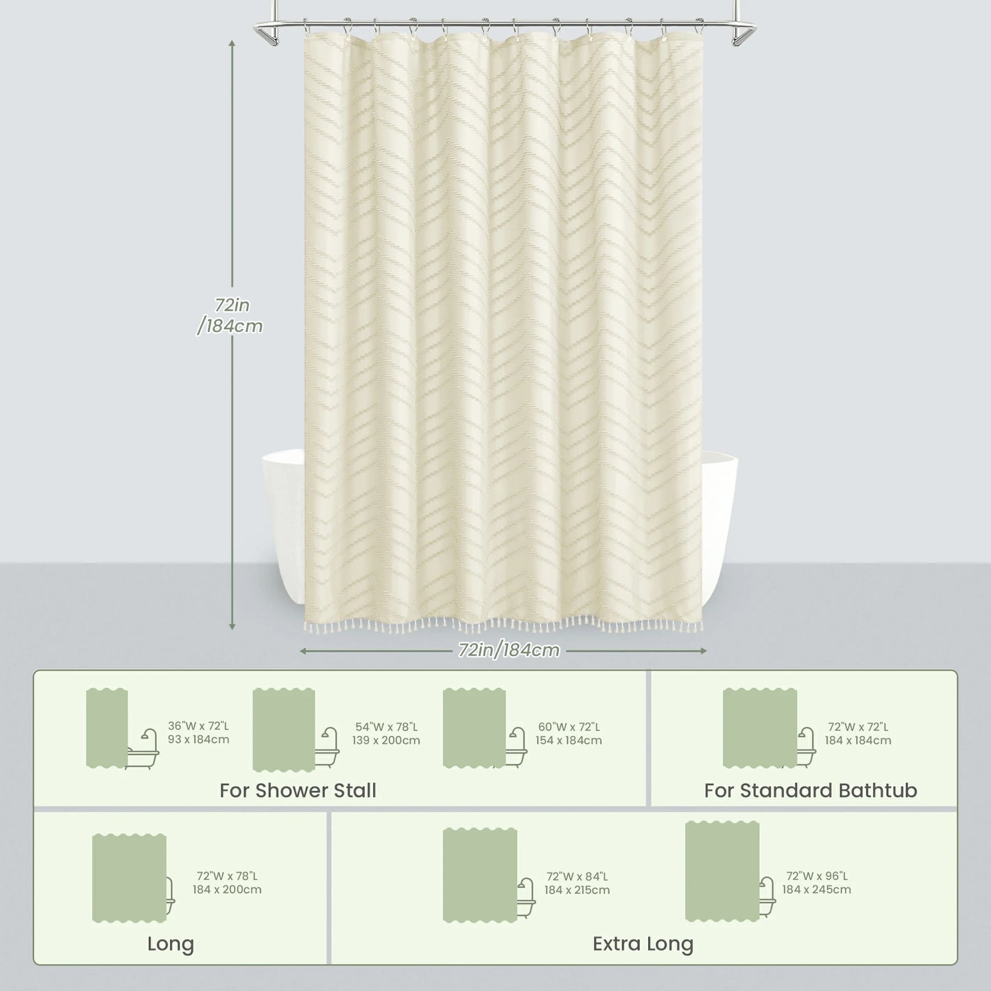 Tufted Textured Chevron Striped Tassel Shower Curtain (Ivory)