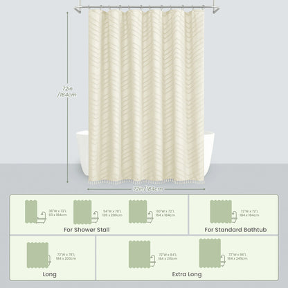Tufted Textured Chevron Striped Tassel Shower Curtain (Ivory)