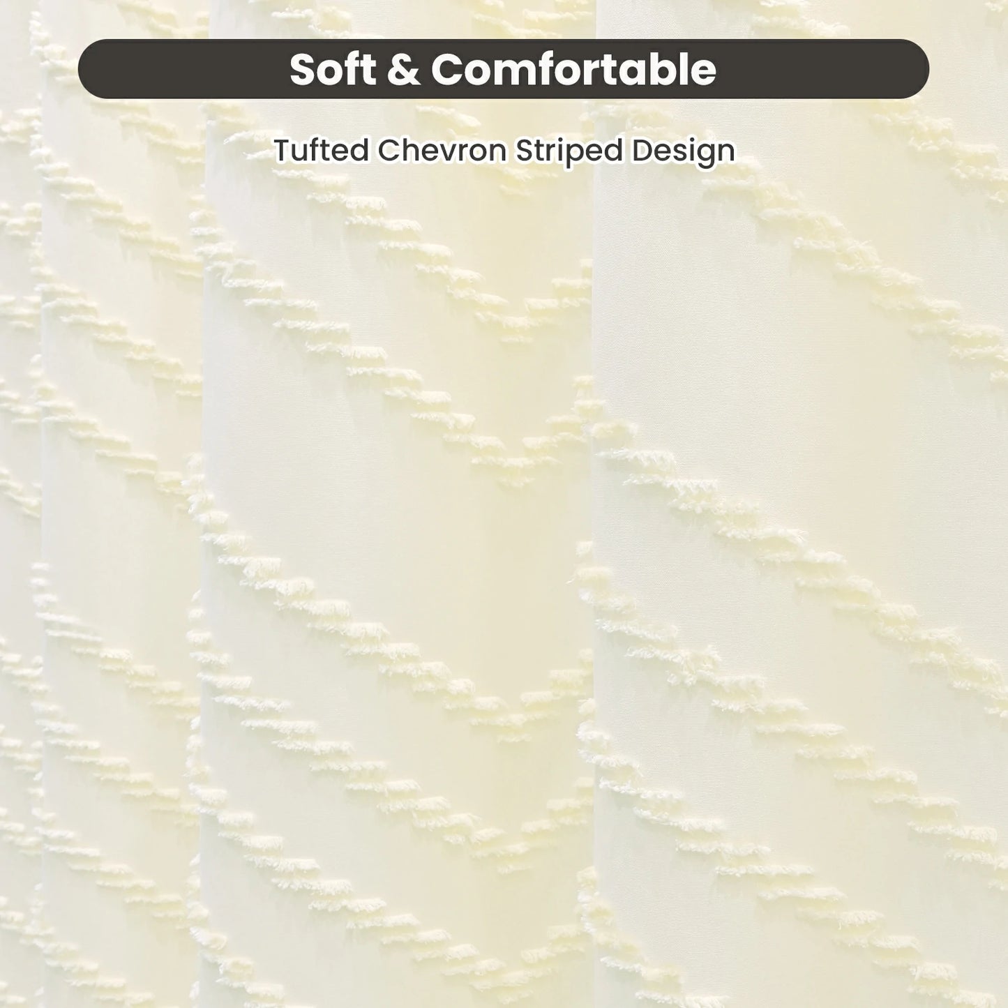 Tufted Textured Chevron Striped Tassel Shower Curtain (Ivory)