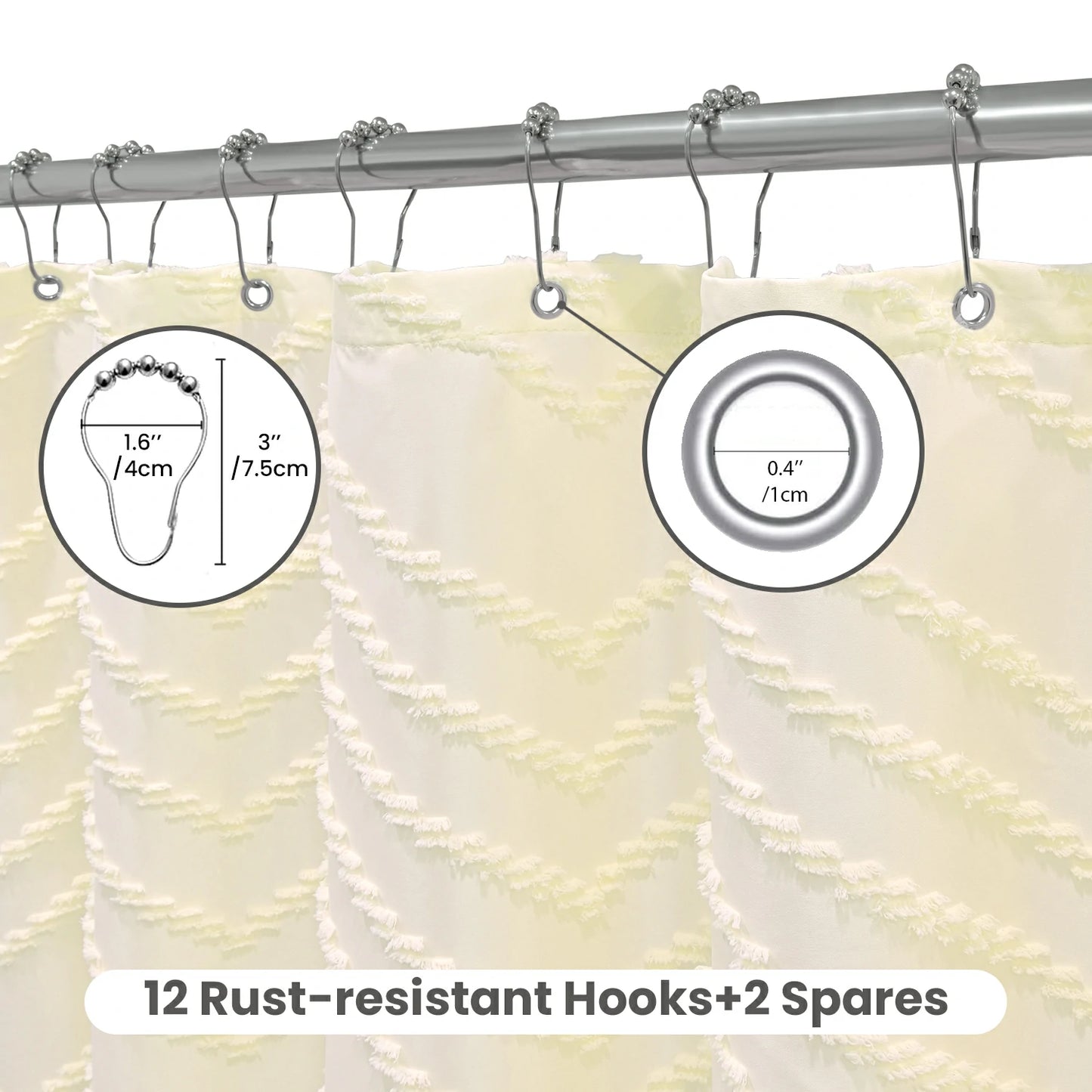 Tufted Textured Chevron Striped Tassel Shower Curtain (Ivory)