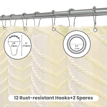 Tufted Textured Chevron Striped Tassel Shower Curtain (Ivory)