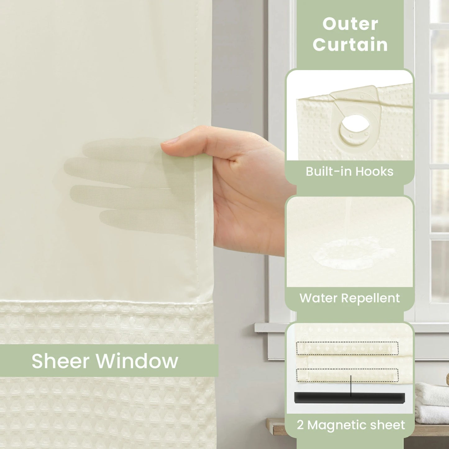 Waffle Weave Hookless Shower Curtain Set with Window