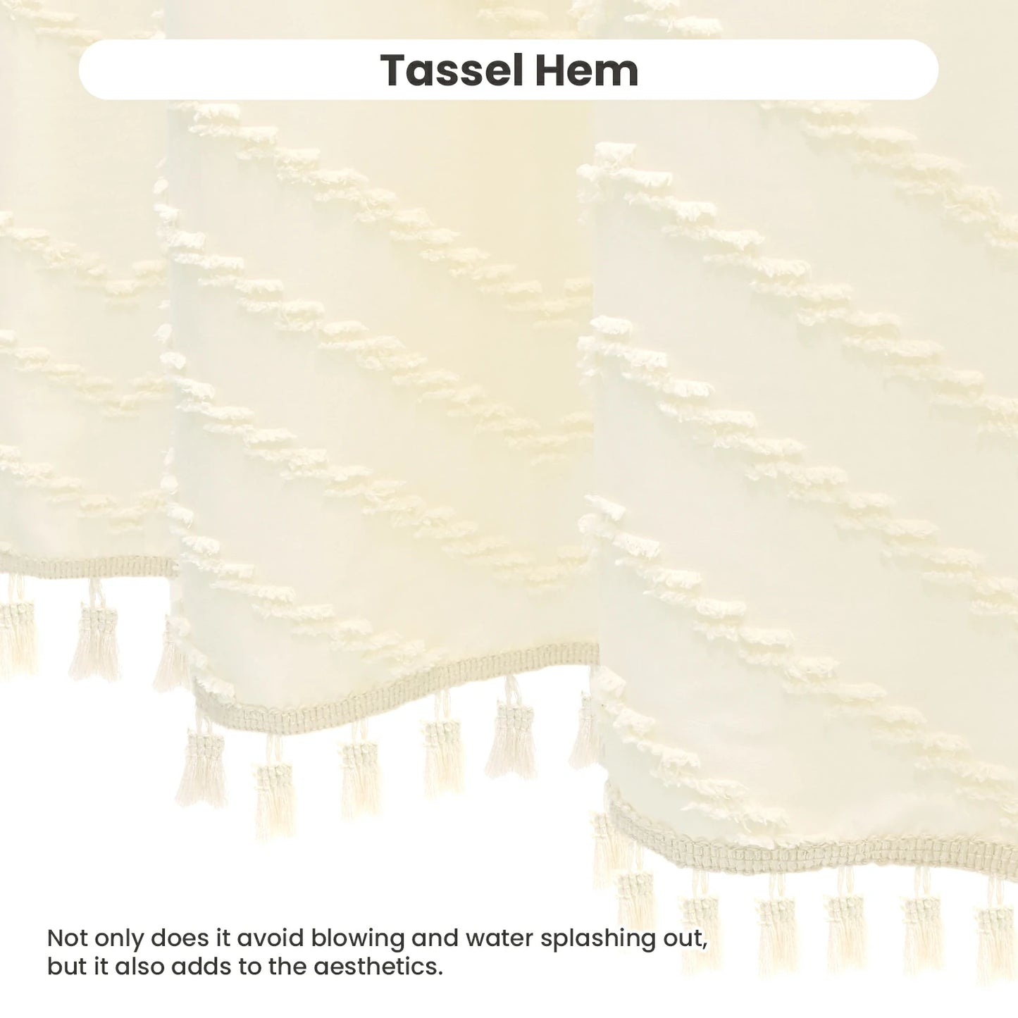 Tufted Textured Chevron Striped Tassel Shower Curtain (Ivory)