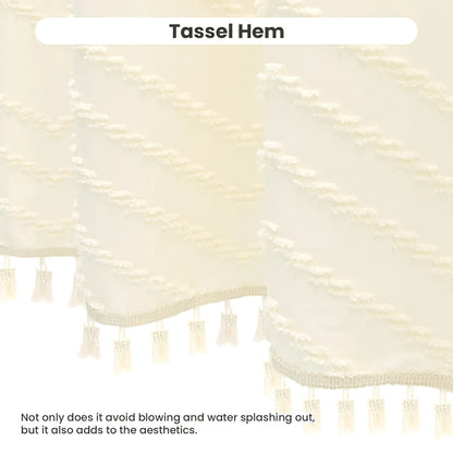 Tufted Textured Chevron Striped Tassel Shower Curtain (Ivory)