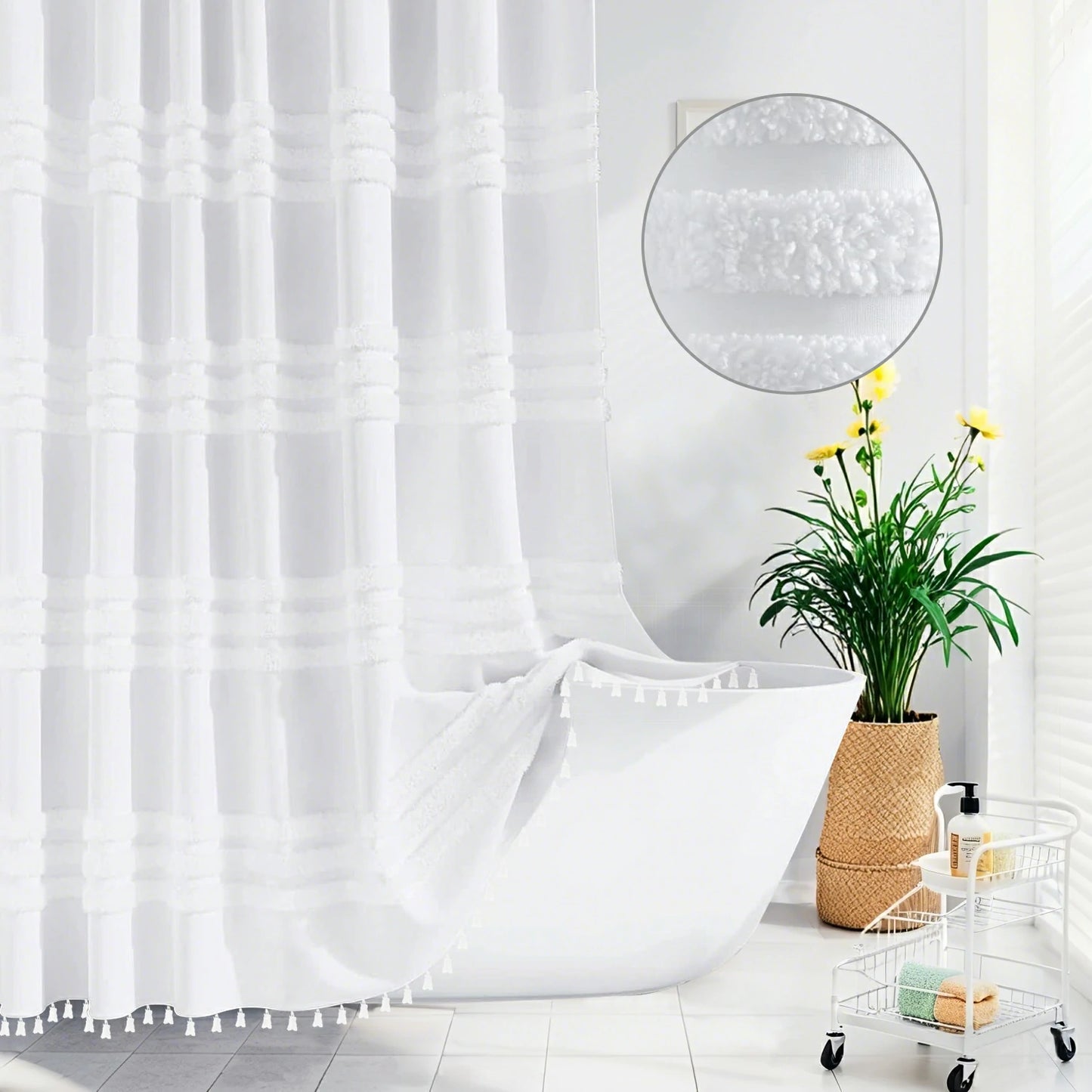 Boho Tufted Textured Striped Tassel Shower Curtain