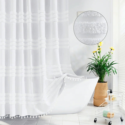 Boho Tufted Textured Striped Tassel Shower Curtain