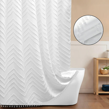 Tufted Textured Chevron Striped Tassel Shower Curtain