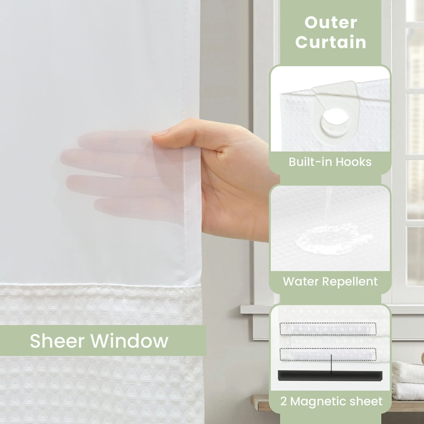Waffle Weave Hookless Shower Curtain Set with Window