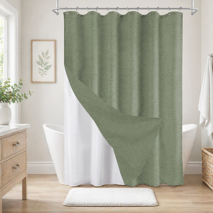 Faux Linen Wrinkleless Shower Curtain Set with Liner (Green)
