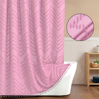 Tufted Textured Chevron Striped Tassel Shower Curtain (Pink)