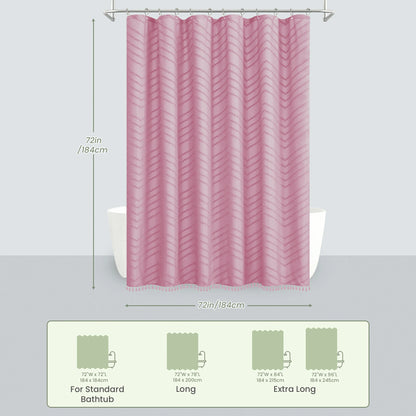Tufted Textured Chevron Striped Tassel Shower Curtain (Pink)