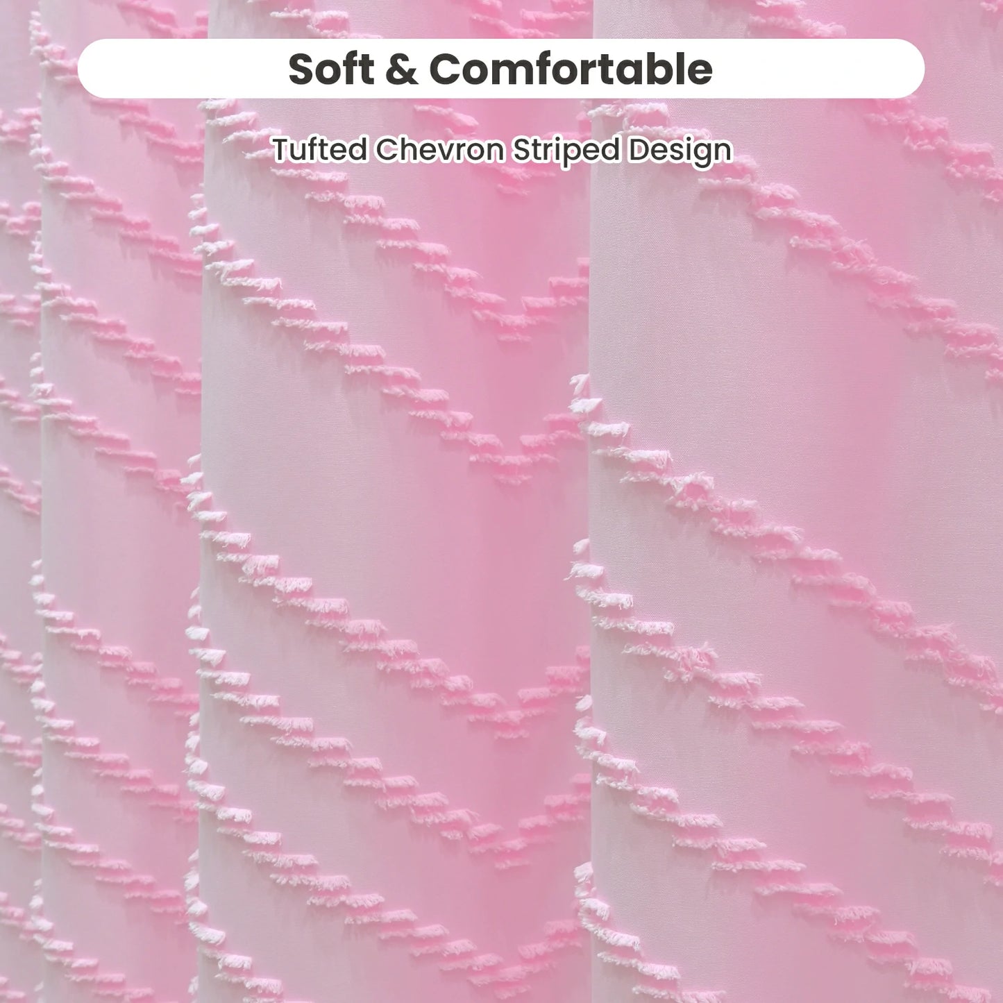 Tufted Textured Chevron Striped Tassel Shower Curtain (Pink)
