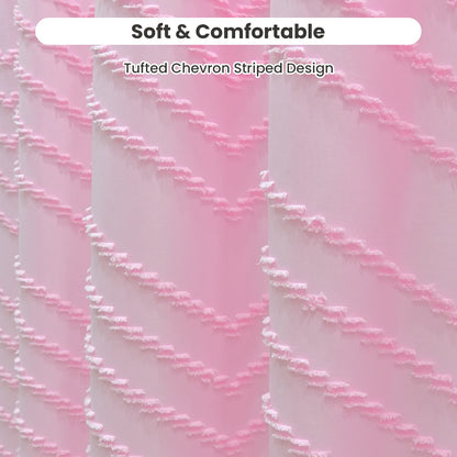 Tufted Textured Chevron Striped Tassel Shower Curtain (Pink)