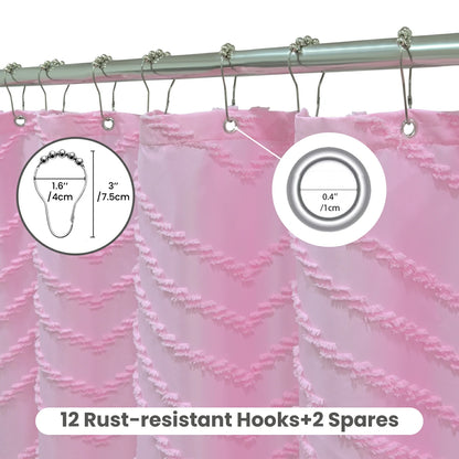 Tufted Textured Chevron Striped Tassel Shower Curtain (Pink)