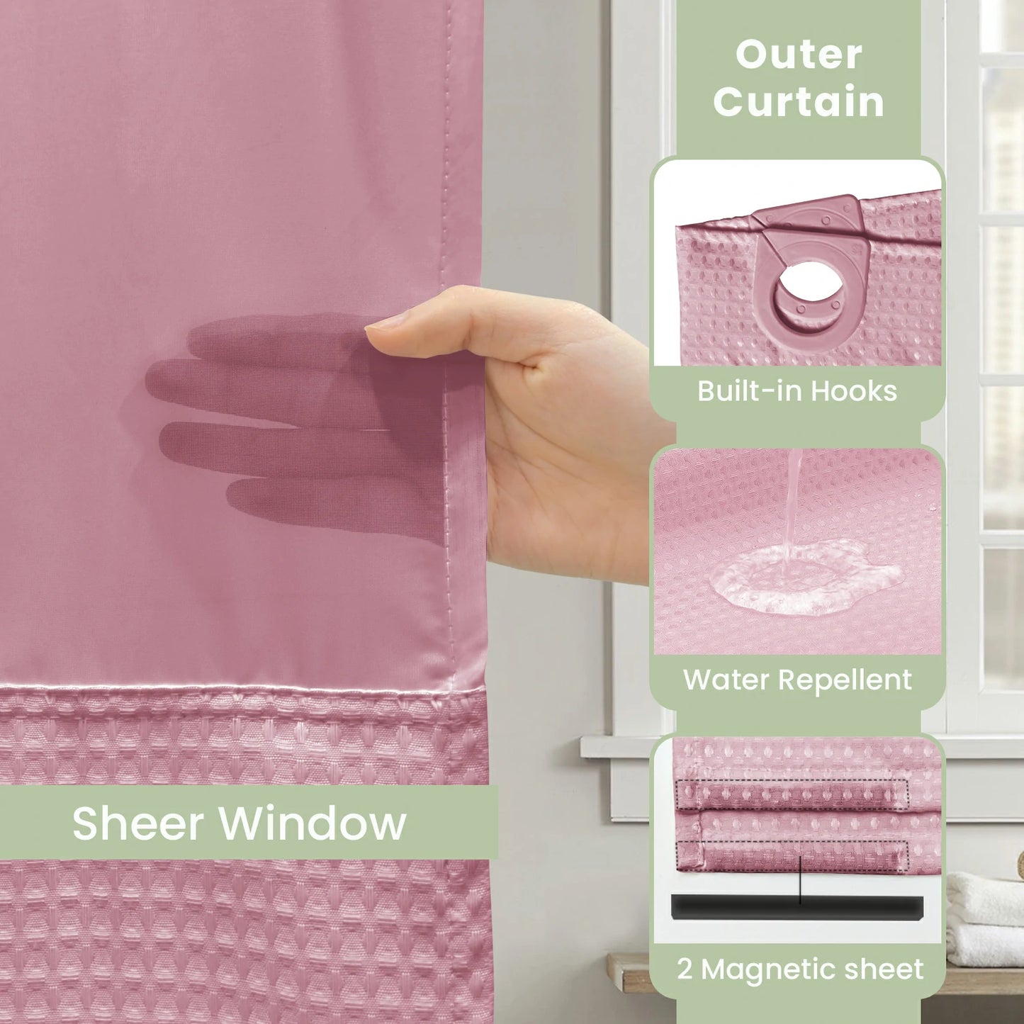 Waffle Weave Hookless Shower Curtain Set with Window