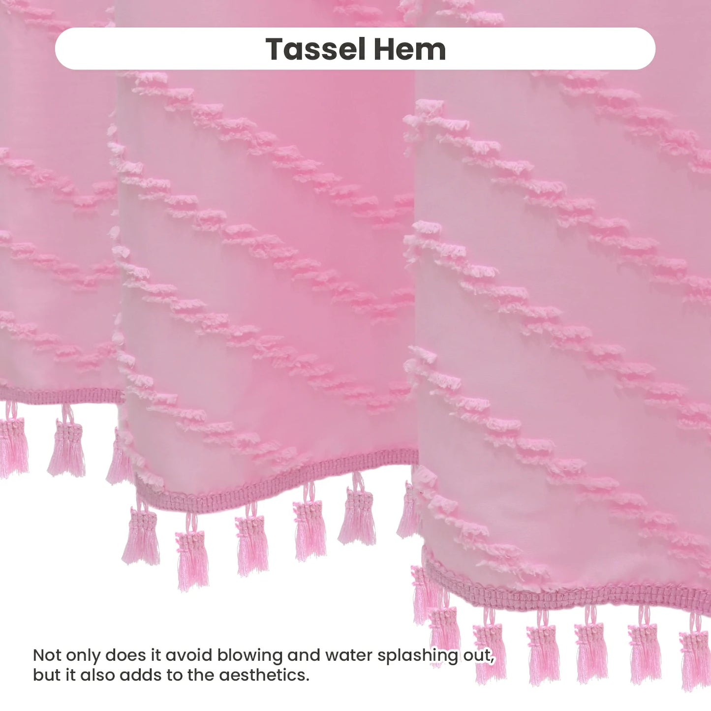 Tufted Textured Chevron Striped Tassel Shower Curtain (Pink)