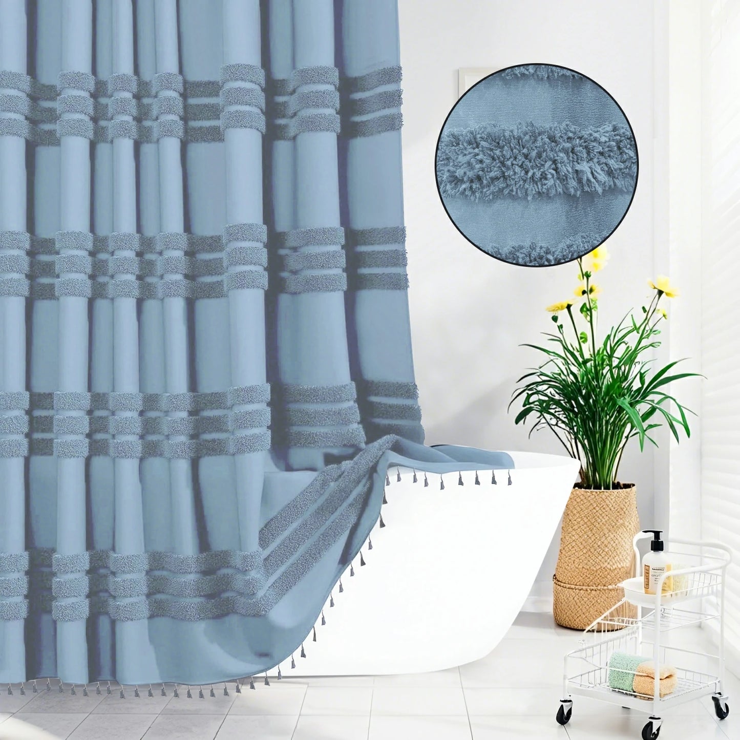 Boho Tufted Textured Striped Tassel Shower Curtain