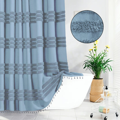Boho Tufted Textured Striped Tassel Shower Curtain