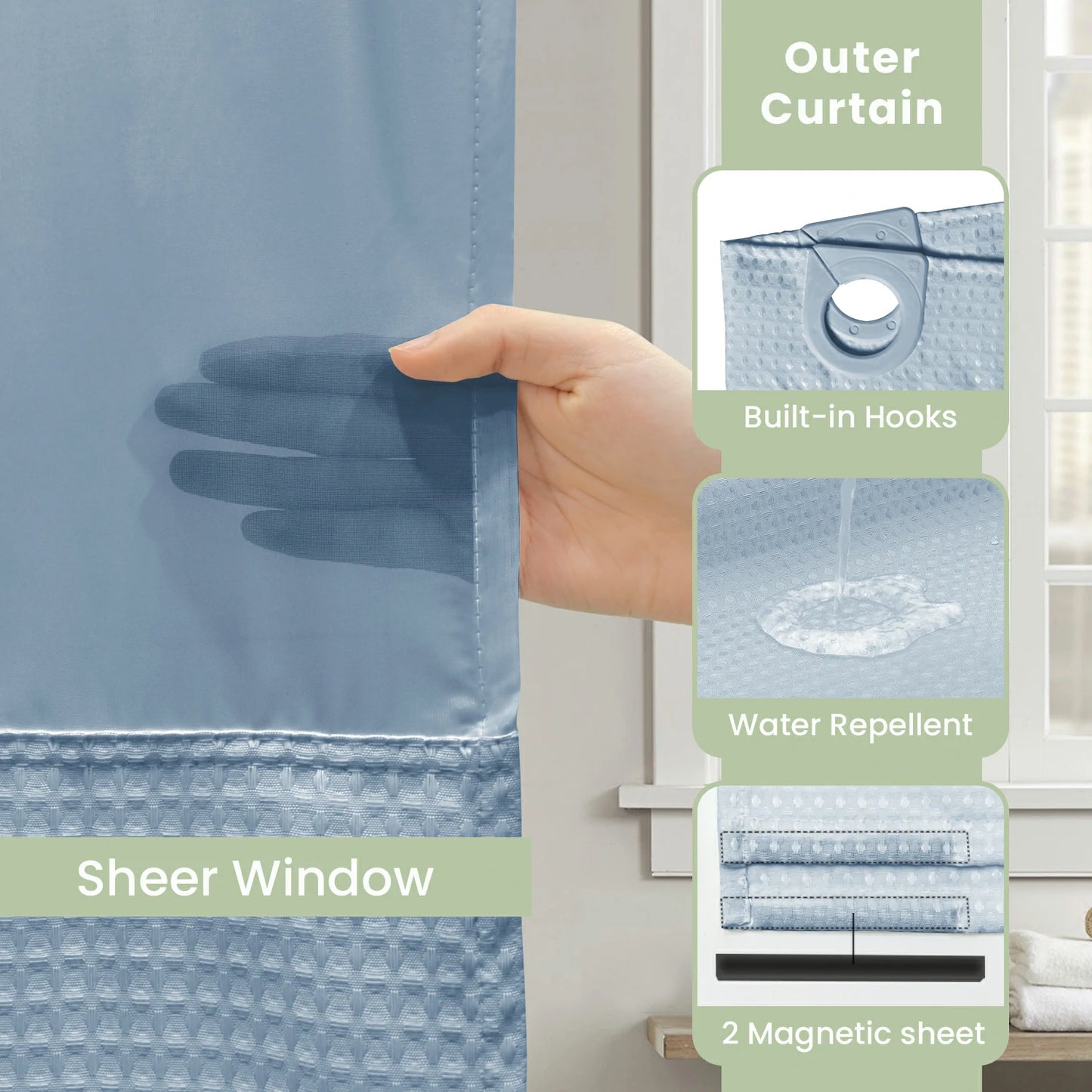 Waffle Weave Hookless Shower Curtain Set with Window
