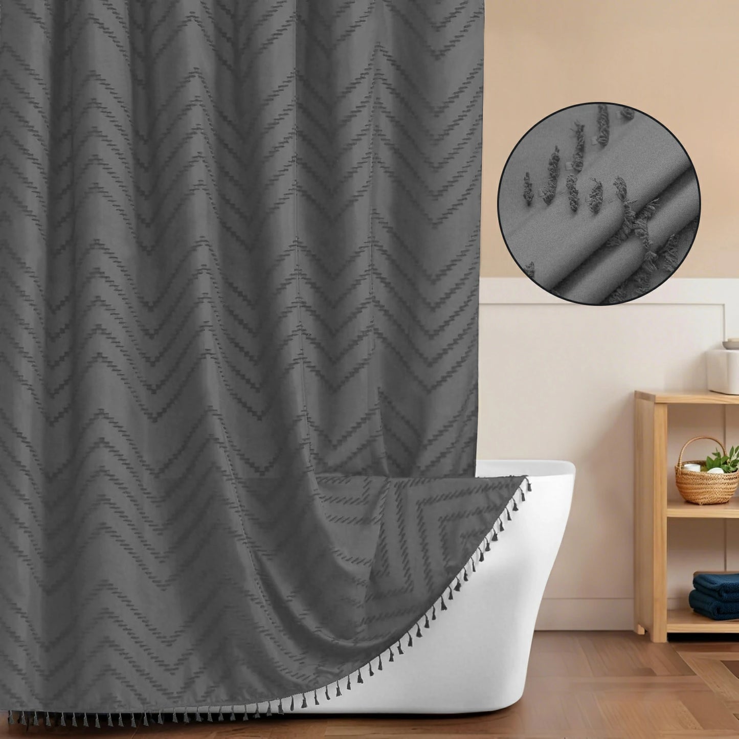 Tufted Textured Chevron Striped Tassel Shower Curtain