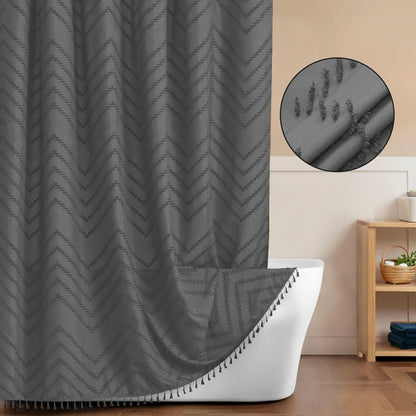 Tufted Textured Chevron Striped Tassel Shower Curtain