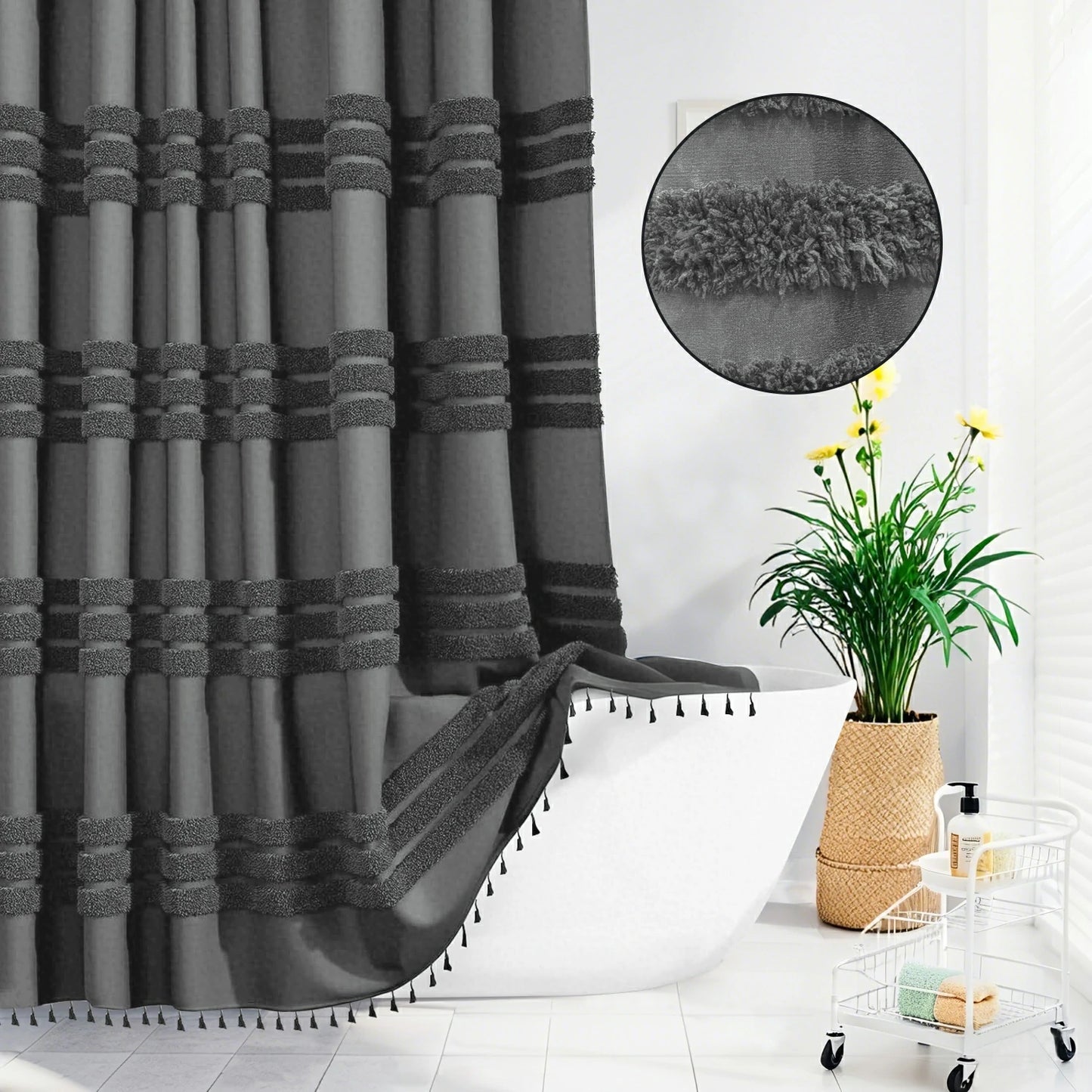 Boho Tufted Textured Striped Tassel Shower Curtain