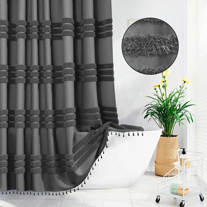 Boho Tufted Textured Striped Tassel Shower Curtain