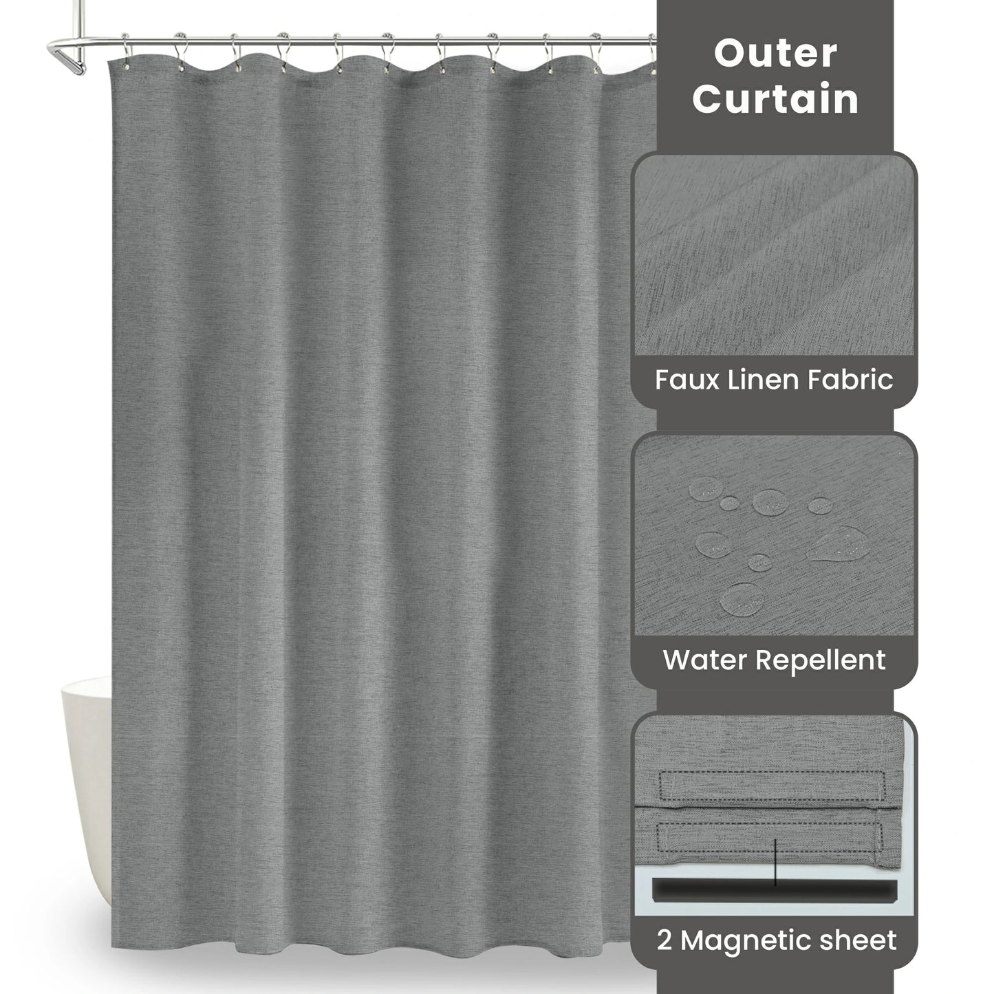 Faux Linen Wrinkleless Shower Curtain Set with Liner (Gray)