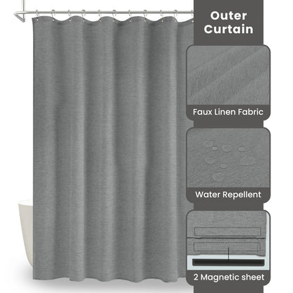 Faux Linen Wrinkleless Shower Curtain Set with Liner (Gray)