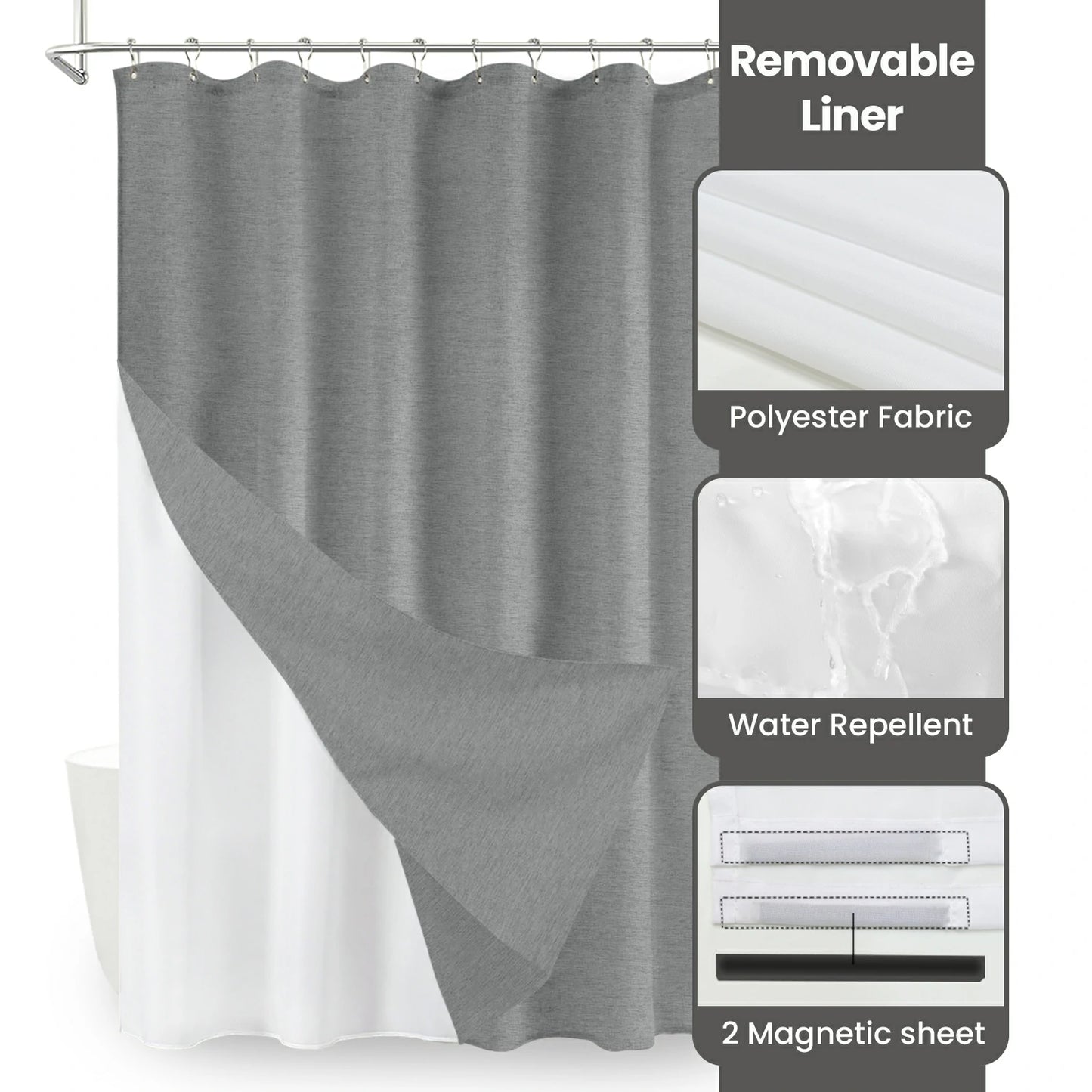 Faux Linen Wrinkleless Shower Curtain Set with Liner (Gray)