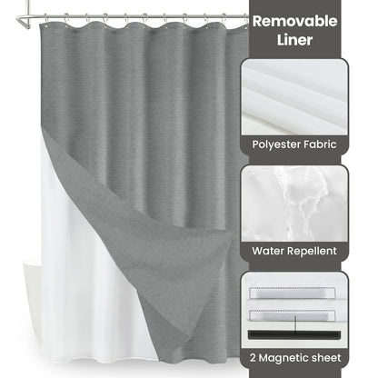 Faux Linen Wrinkleless Shower Curtain Set with Liner (Gray)