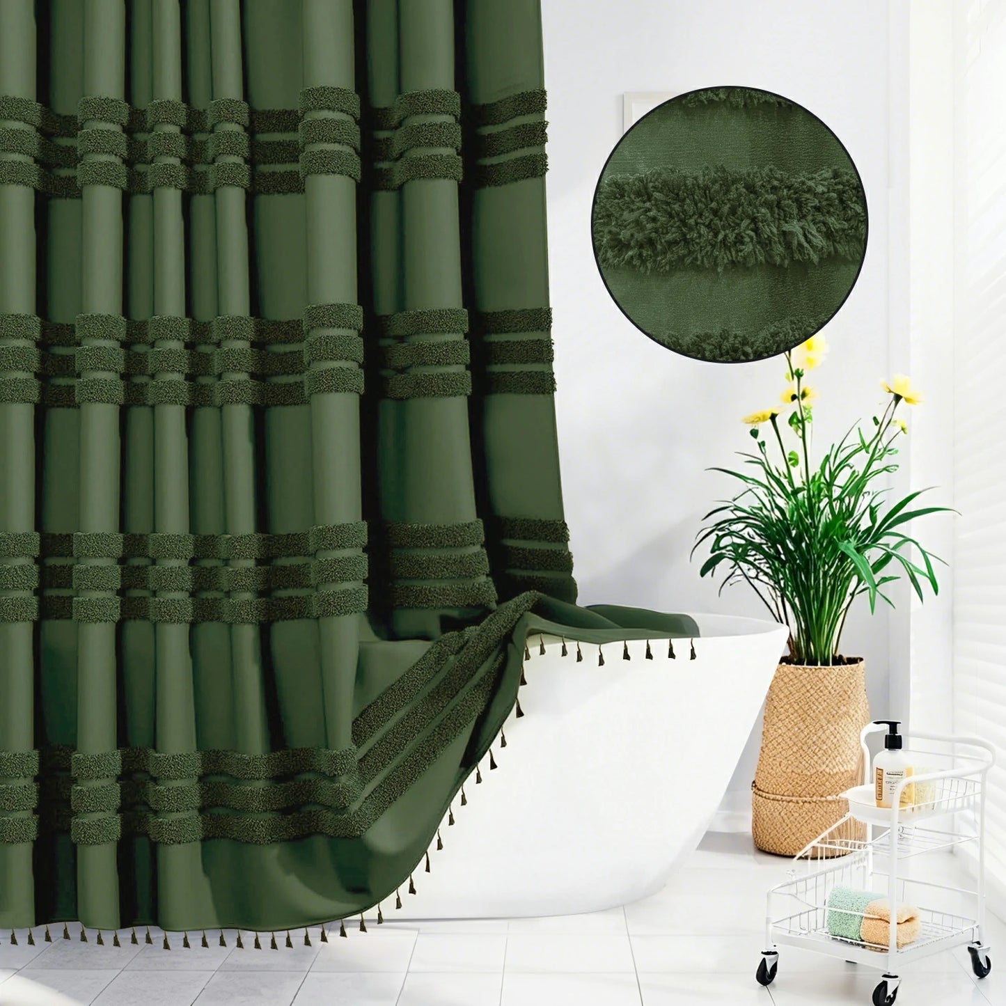 Boho Tufted Textured Striped Tassel Shower Curtain
