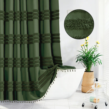 Boho Tufted Textured Striped Tassel Shower Curtain