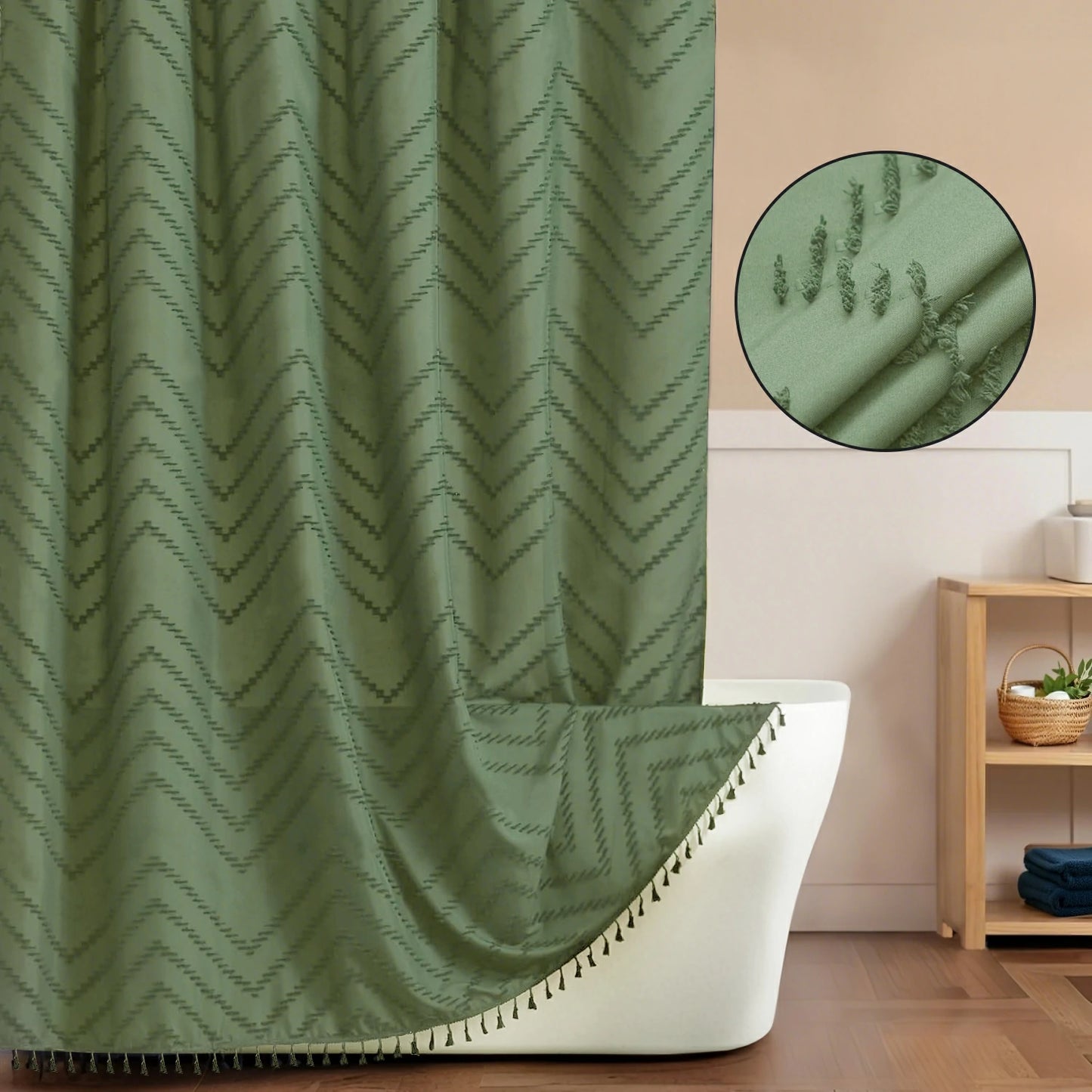 Tufted Textured Chevron Striped Tassel Shower Curtain