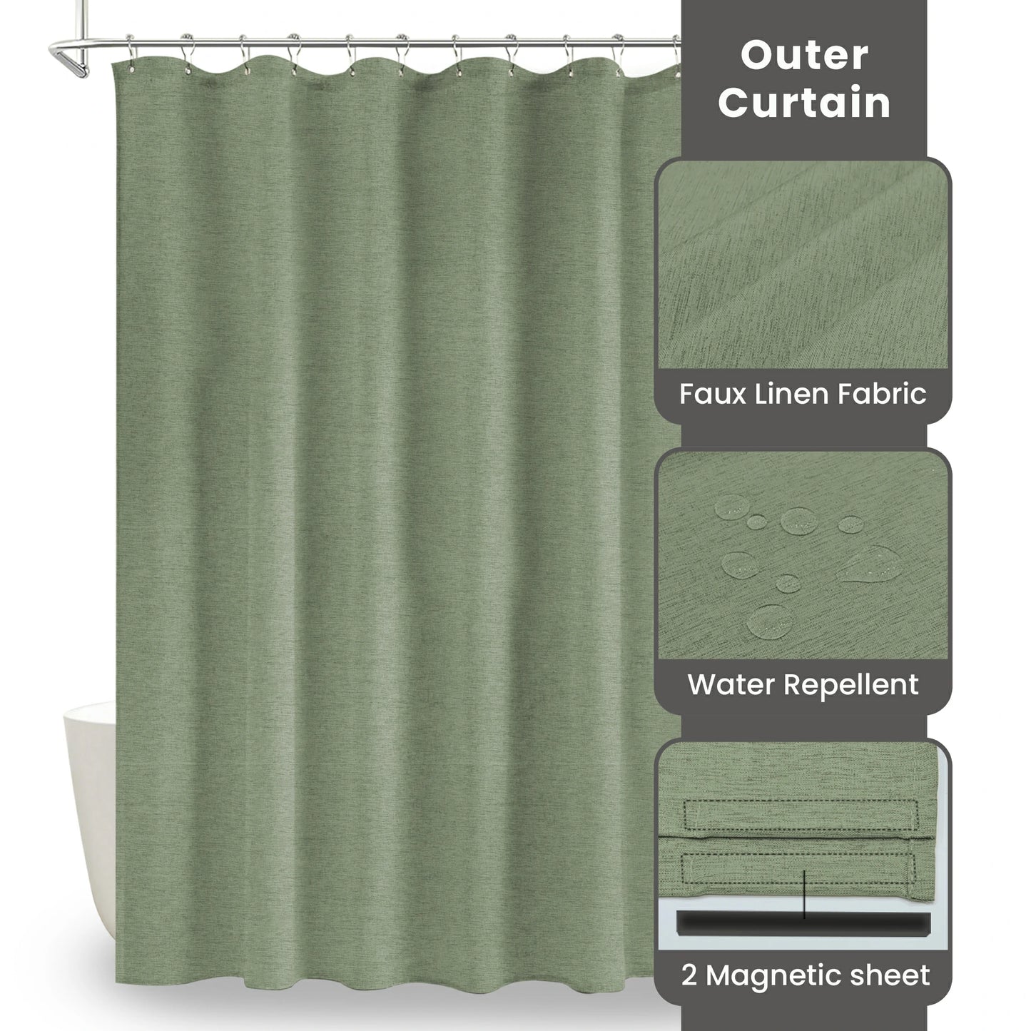 Faux Linen Wrinkleless Shower Curtain Set with Liner (Green)