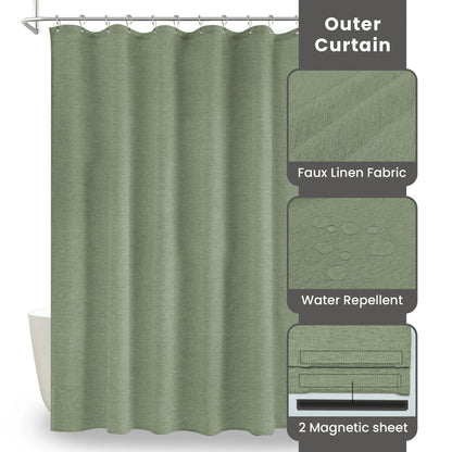 Faux Linen Wrinkleless Shower Curtain Set with Liner (Green)