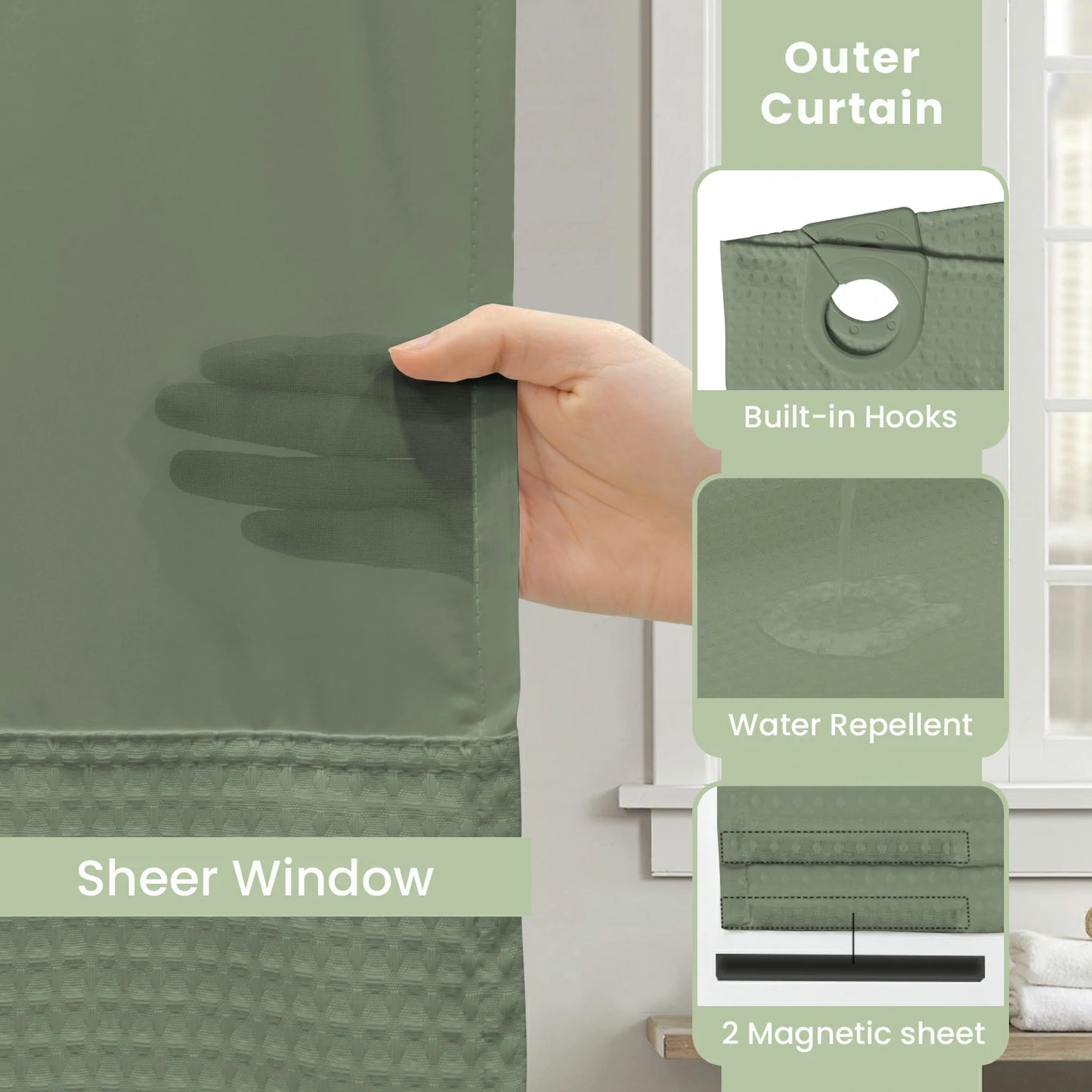 Waffle Weave Hookless Shower Curtain Set with Window