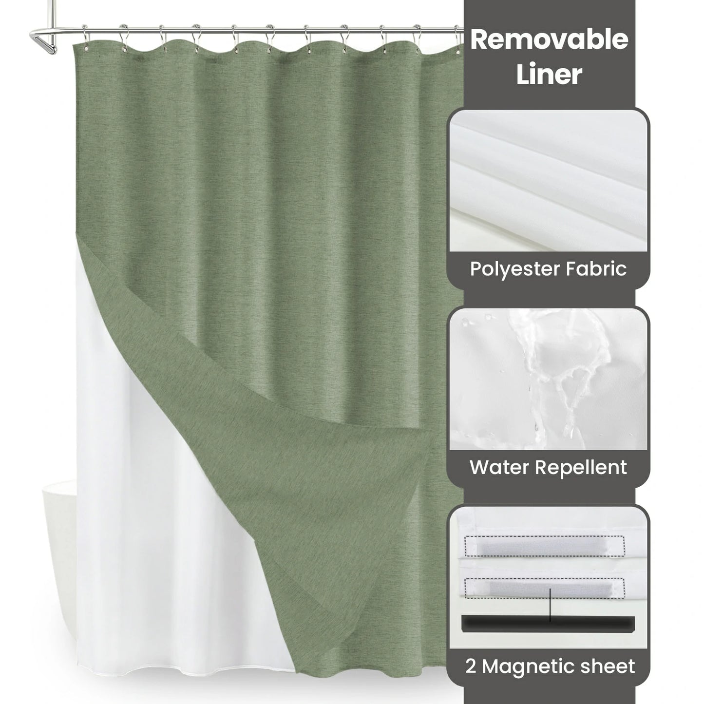 Faux Linen Wrinkleless Shower Curtain Set with Liner (Green)