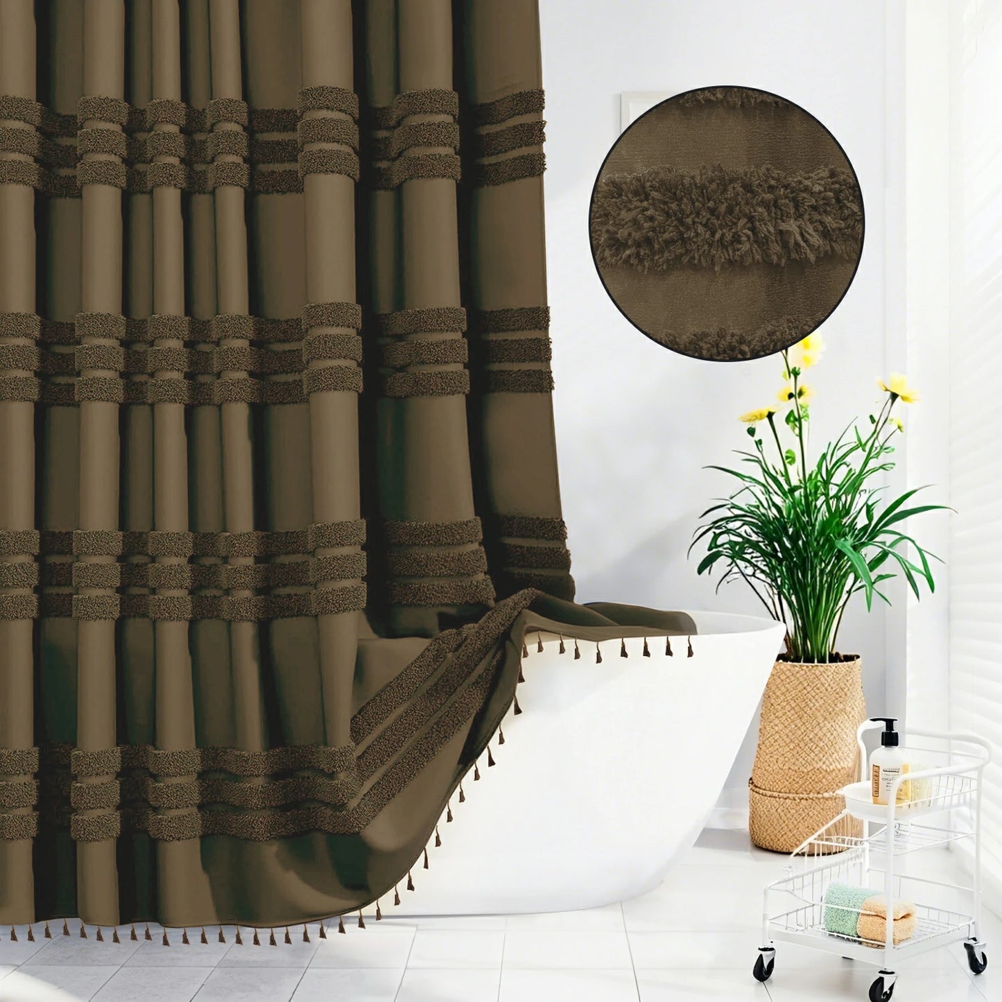 Boho Tufted Textured Striped Tassel Shower Curtain