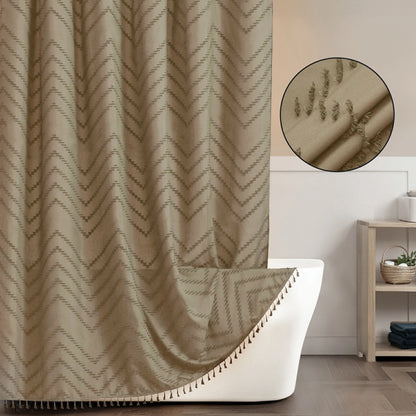 Tufted Textured Chevron Striped Tassel Shower Curtain (Beige)