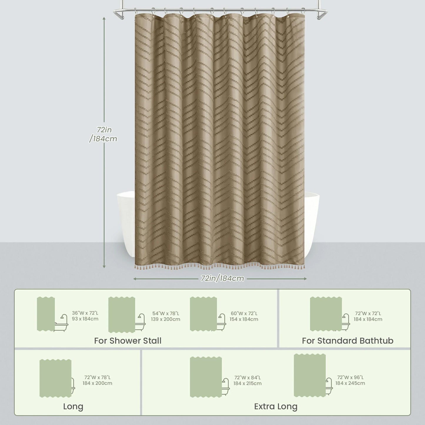 Tufted Textured Chevron Striped Tassel Shower Curtain (Beige)